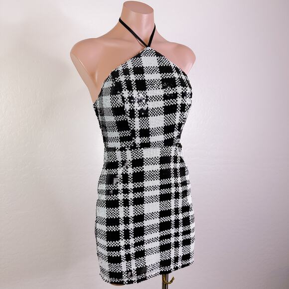 Dear Moon Plaid Sequin Tie Halter Mini Dress Retro Y2K HOCO Juniors 1 XS NWT - Picture 13 of 13